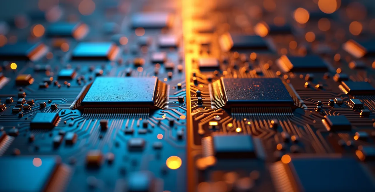 Visualización macro de componentes tecnológicos mostrando la dualidad entre soluciones cloud y desarrollo personalizado