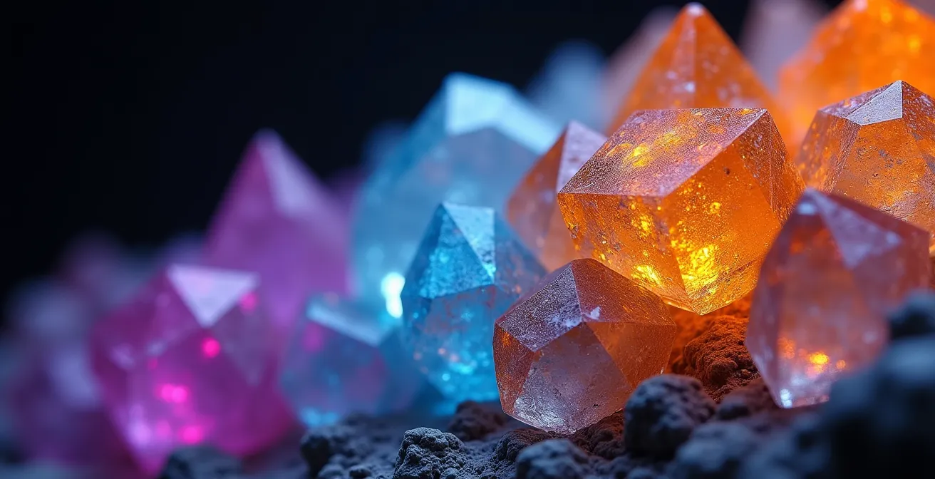 Composición abstracta con elementos simbólicos representando diferentes personalidades de marca tecnológica