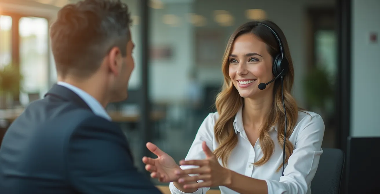 Escena de atención al cliente resolviendo una situación compleja con empatía