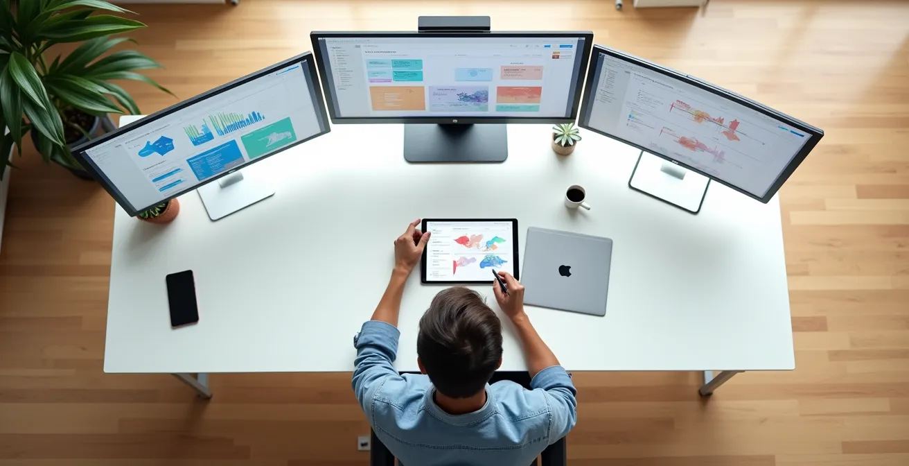 Vista aérea de profesionales creativos trabajando remotamente con pizarras virtuales colaborativas