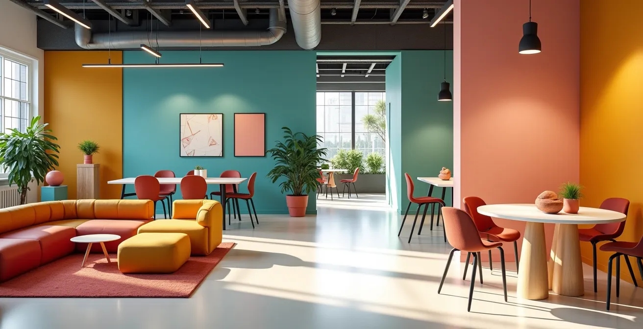 Espacio de oficina tecnológica moderna con elementos de diseño audaces y coloridos