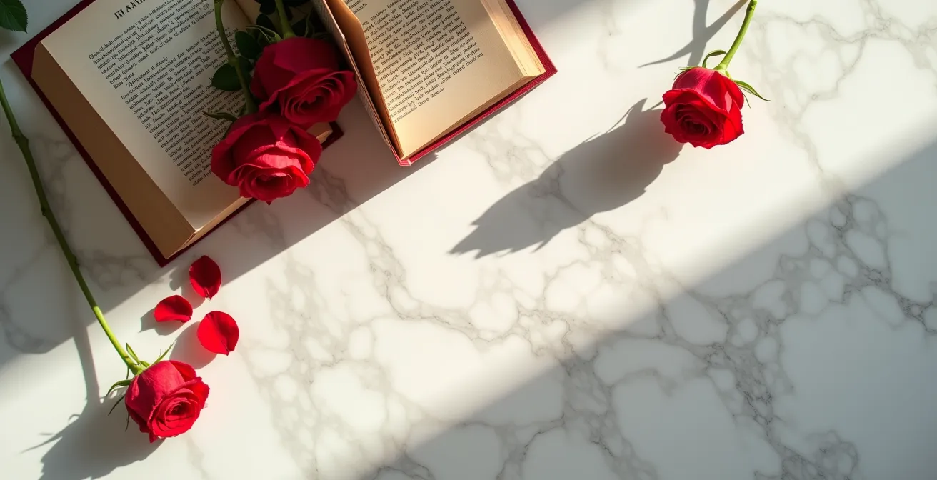 Vista aérea minimalista de Barcelona durante celebración de Sant Jordi con rosas y libros