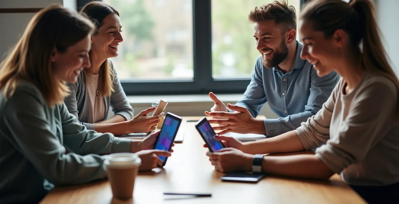 Profesionales colaborando alrededor de una mesa con dispositivos móviles y tabletas