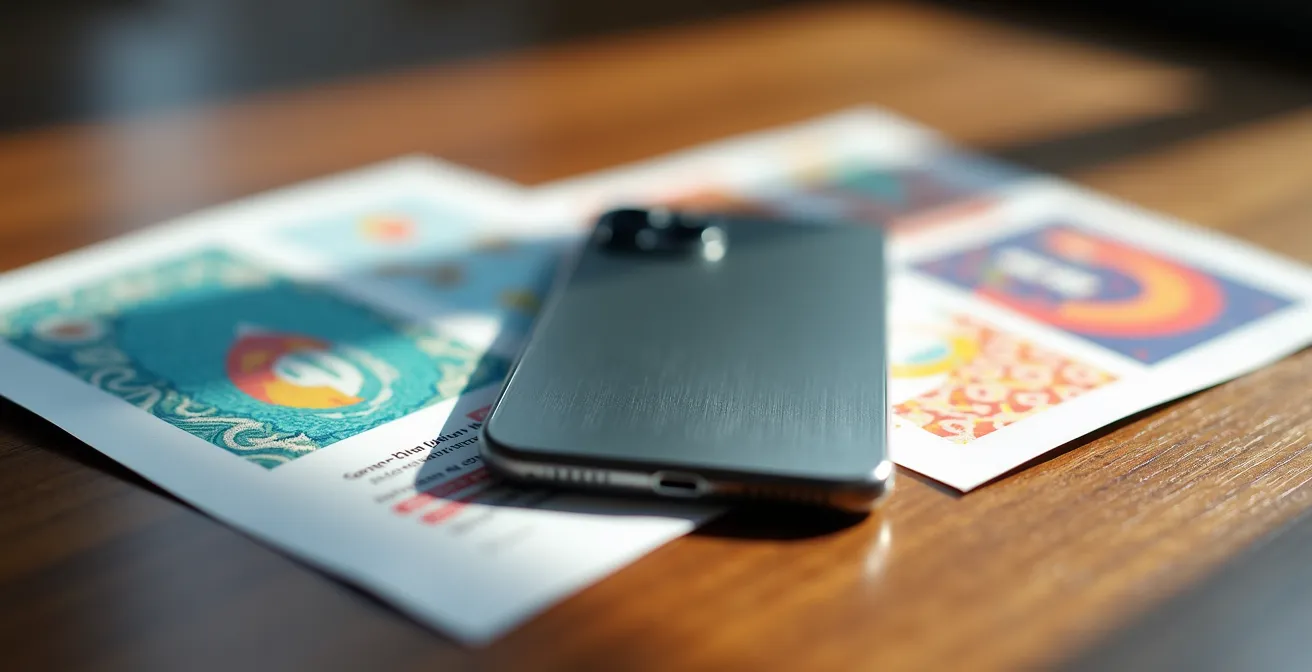 Primer plano macro de un smartphone mostrando publicidad digital junto a folletos impresos tradicionales