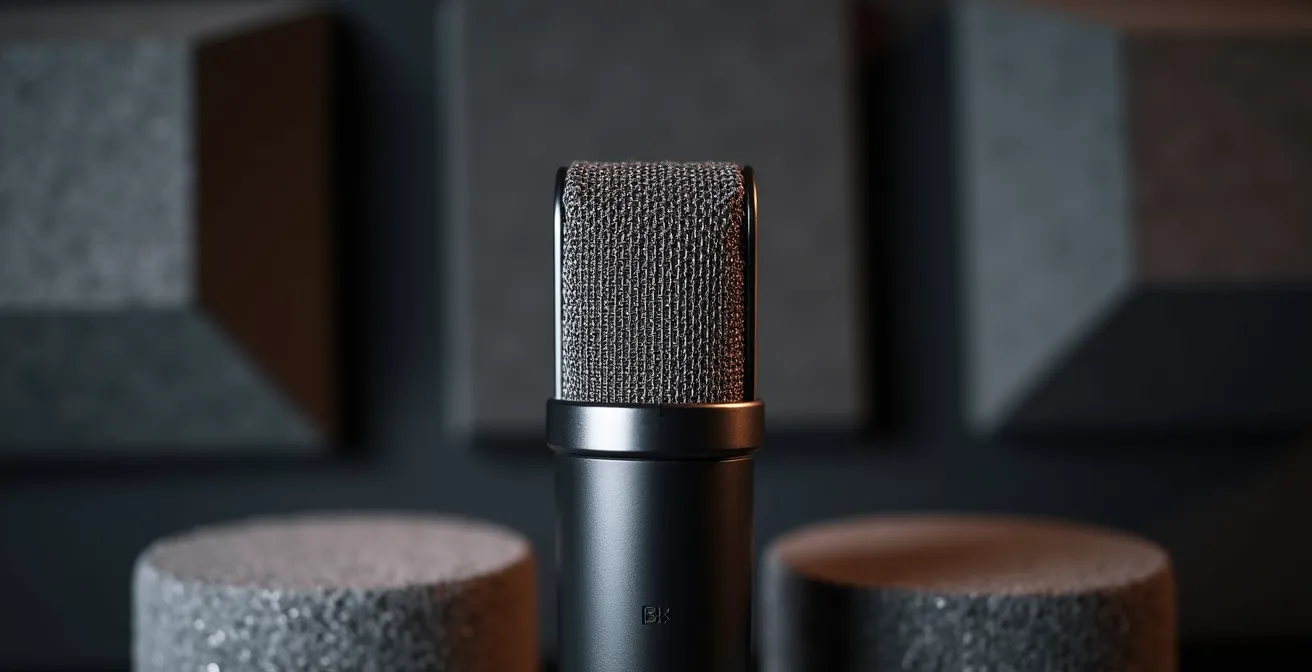 Configuración profesional de micrófono para podcast con tratamiento acústico