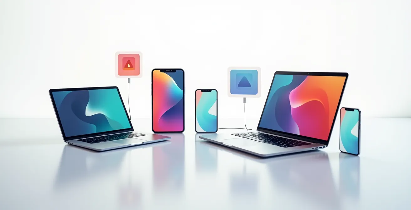 Vista de múltiples dispositivos mostrando sincronización de alertas en diferentes plataformas