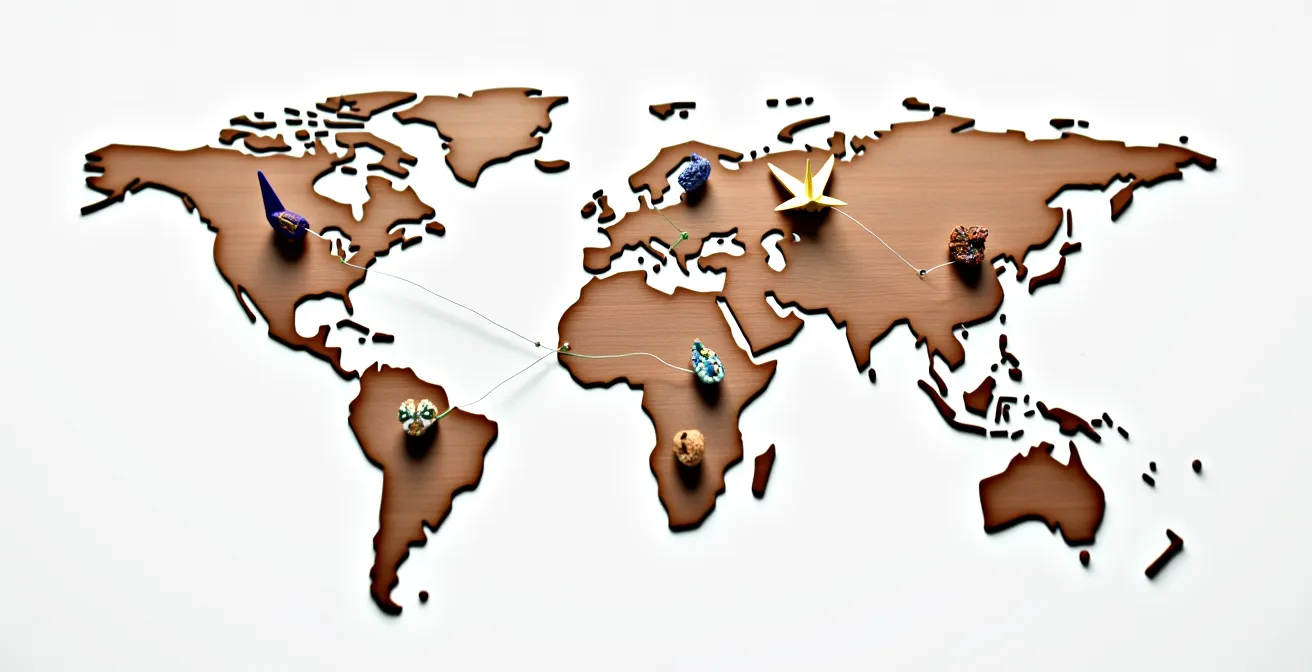 Mapa mundial con hilos de colores conectando diferentes puntos, simbolizando la colaboración y diversidad de un equipo global.