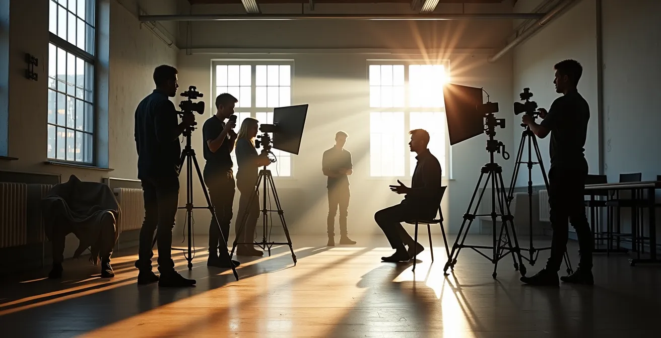 Escena de producción documental con equipo cinematográfico profesional filmando historias humanas auténticas