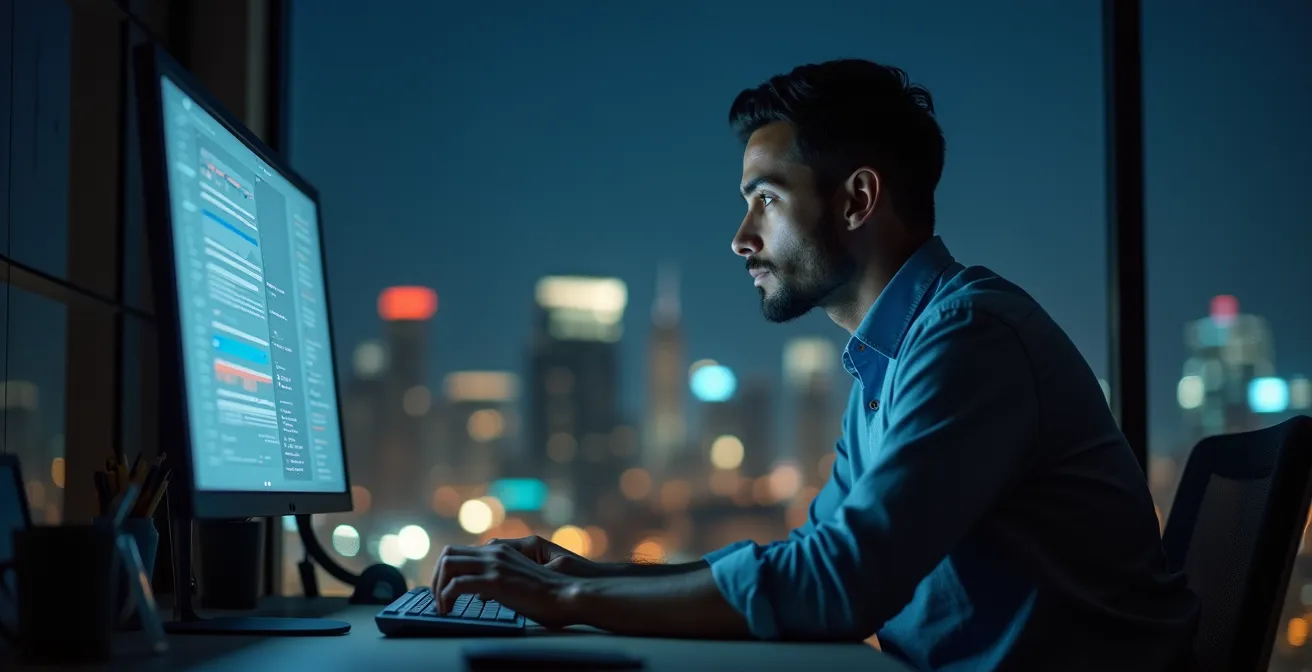 Profesional monitoreando alertas de crisis en oficina nocturna con vista de ciudad