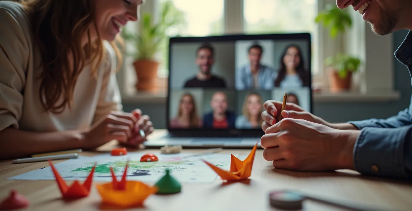 Equipo remoto colaborando en una actividad de creación conjunta donde la cooperación es clave.