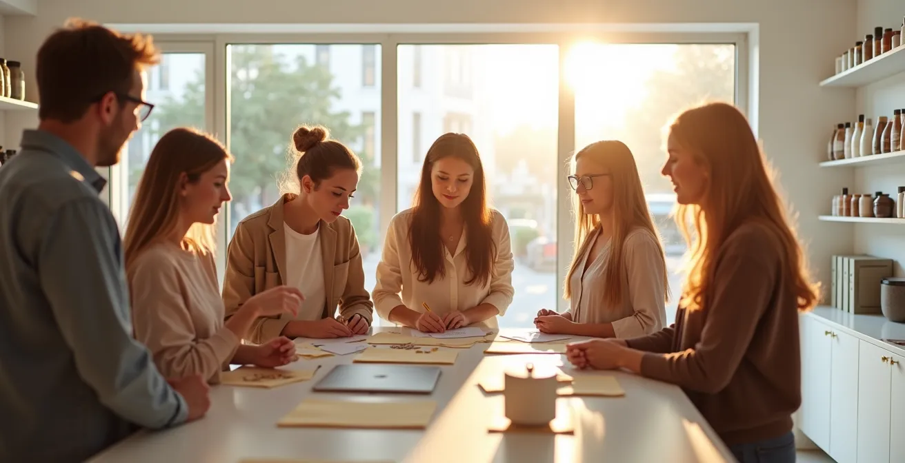 Vista amplia de interior de tienda con grupo de personas participando en actividad interactiva