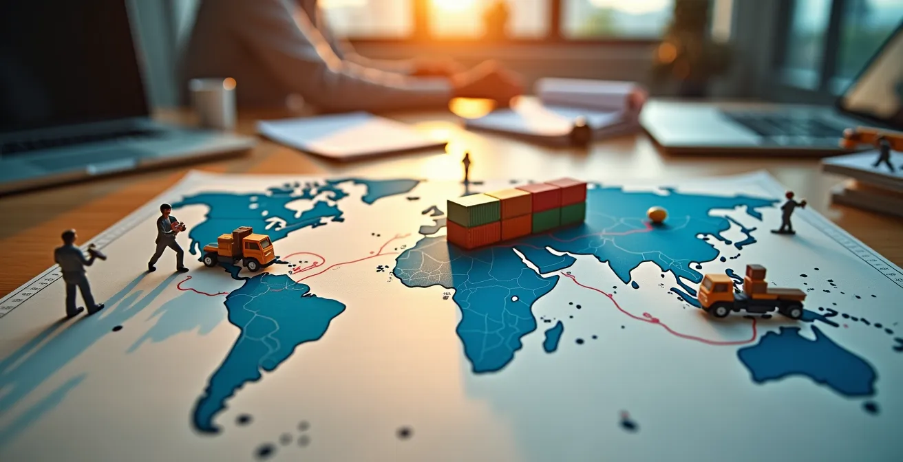 Mapa conceptual de expansión internacional con elementos logísticos y legales