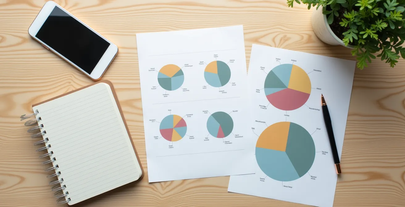 Vista cenital de un escritorio con documentos estratégicos y análisis de KPIs sin texto legible