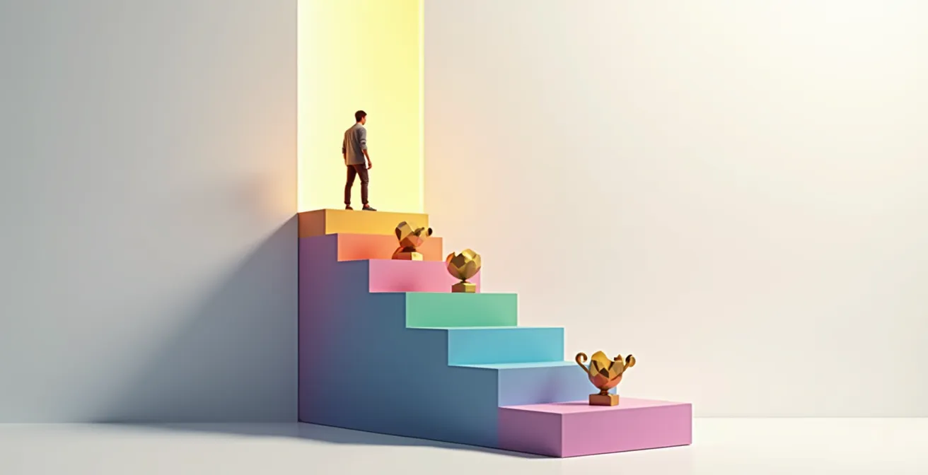 Sistema de niveles y recompensas visualizado como un camino ascendente con hitos de progreso