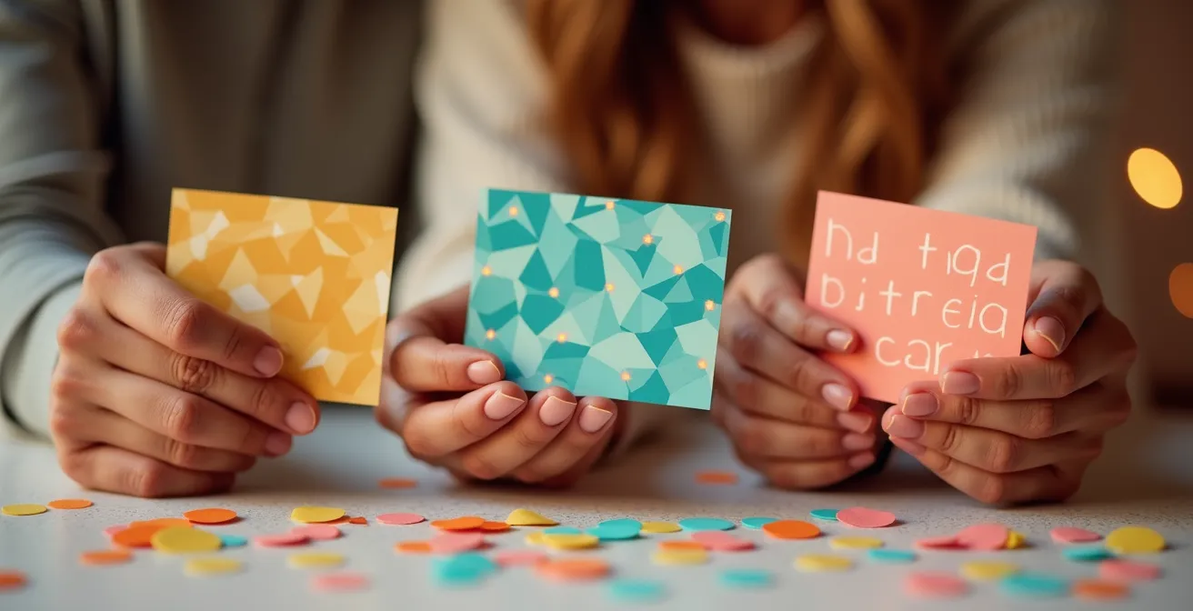 Primer plano de manos sosteniendo tarjetas de regalo misteriosas con símbolos abstractos coloridos representando opciones de recompensa