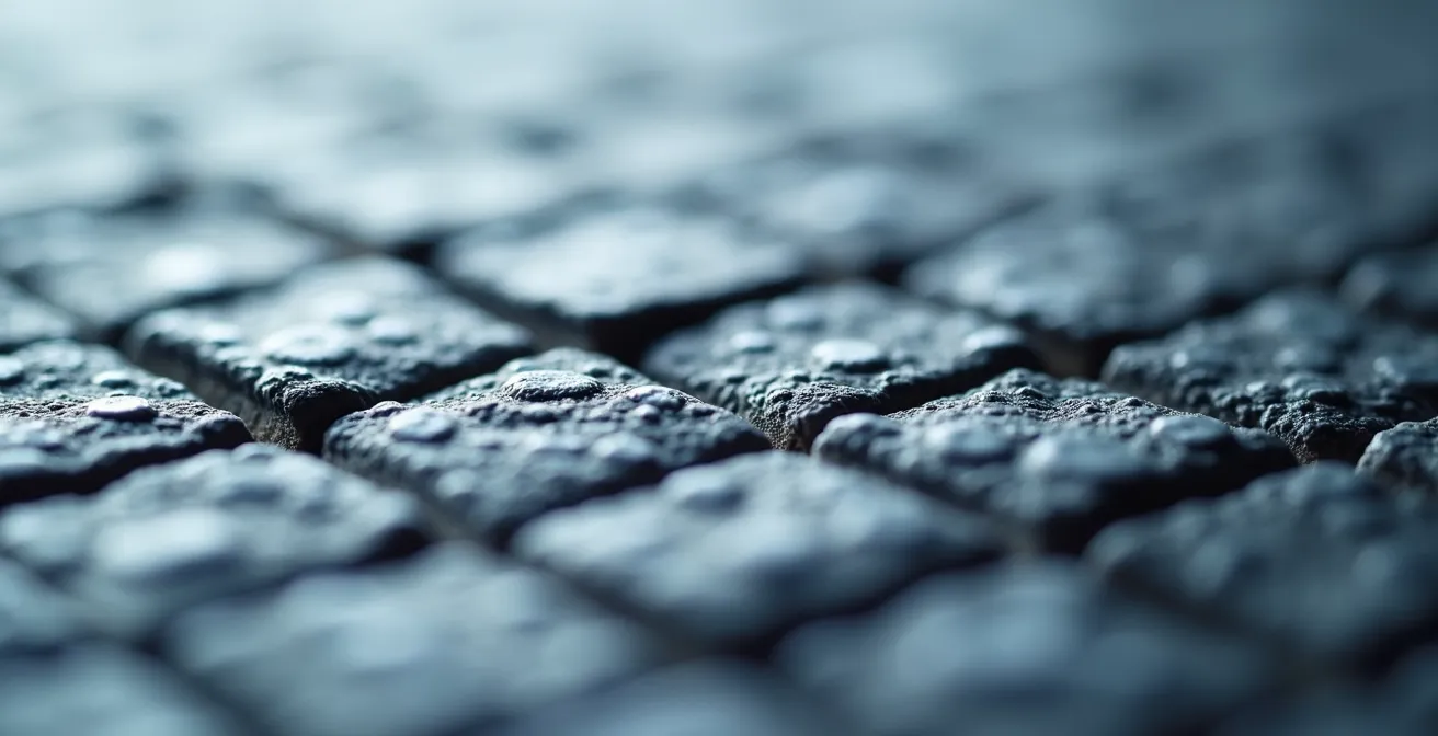 Fotografía macro extrema de una superficie con patrones geométricos representando la estructura de píxeles