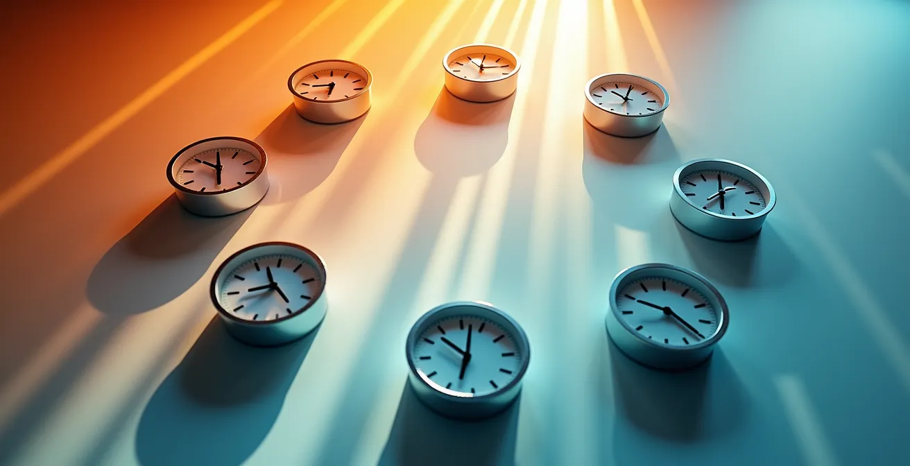 Visualización de datos con zonas horarias y picos de actividad representados por colores cálidos