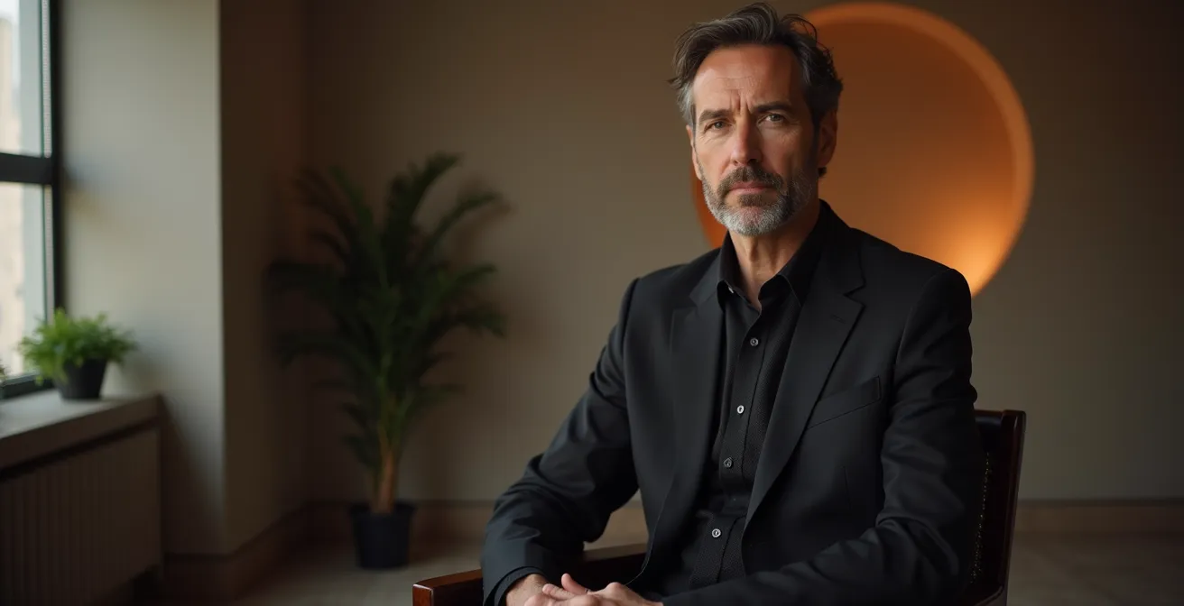 Ejecutivo profesional durante entrevista de crisis mostrando calma y control