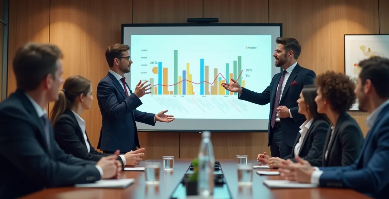 Ejecutivo presentando datos estratégicos con visualizaciones impactantes en sala de juntas