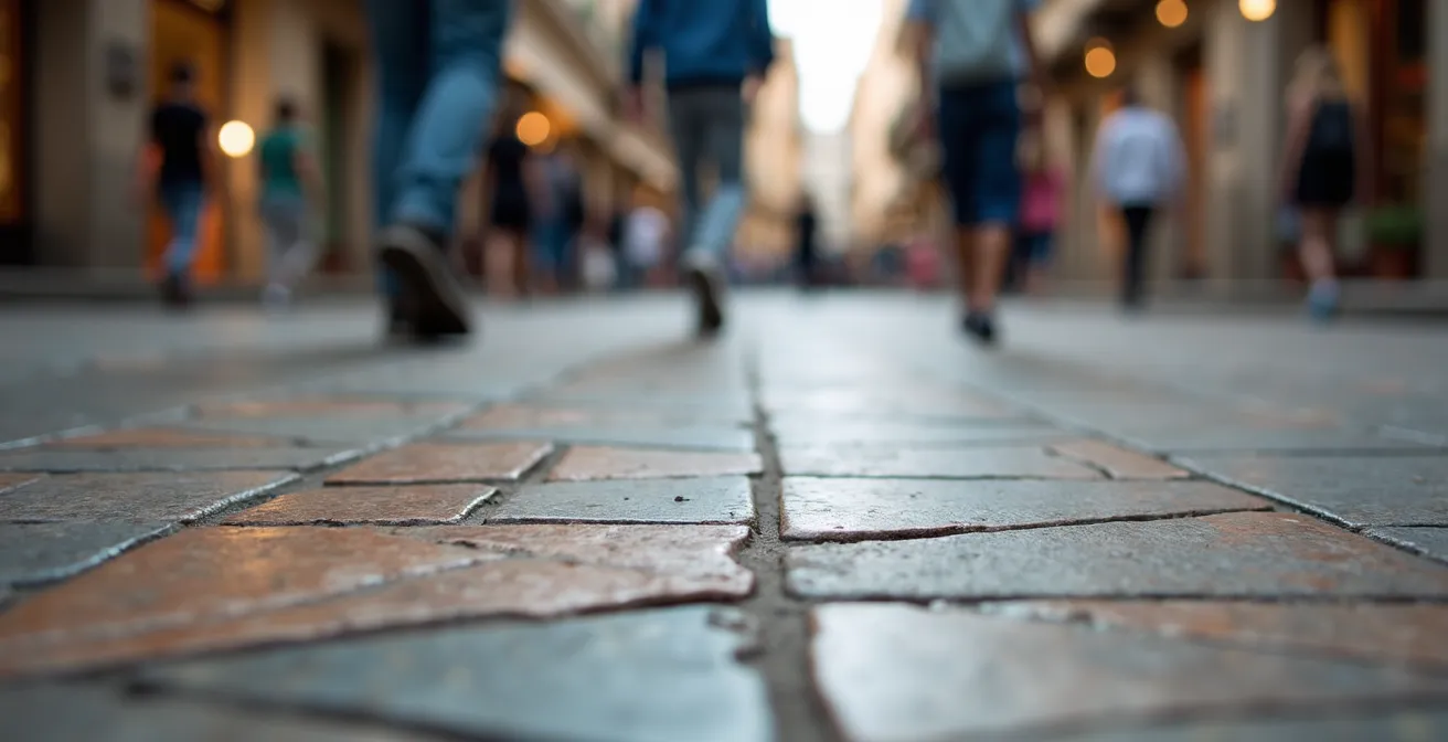 Fachada acogedora de tienda local barcelonesa con vecinos interactuando en ambiente comunitario