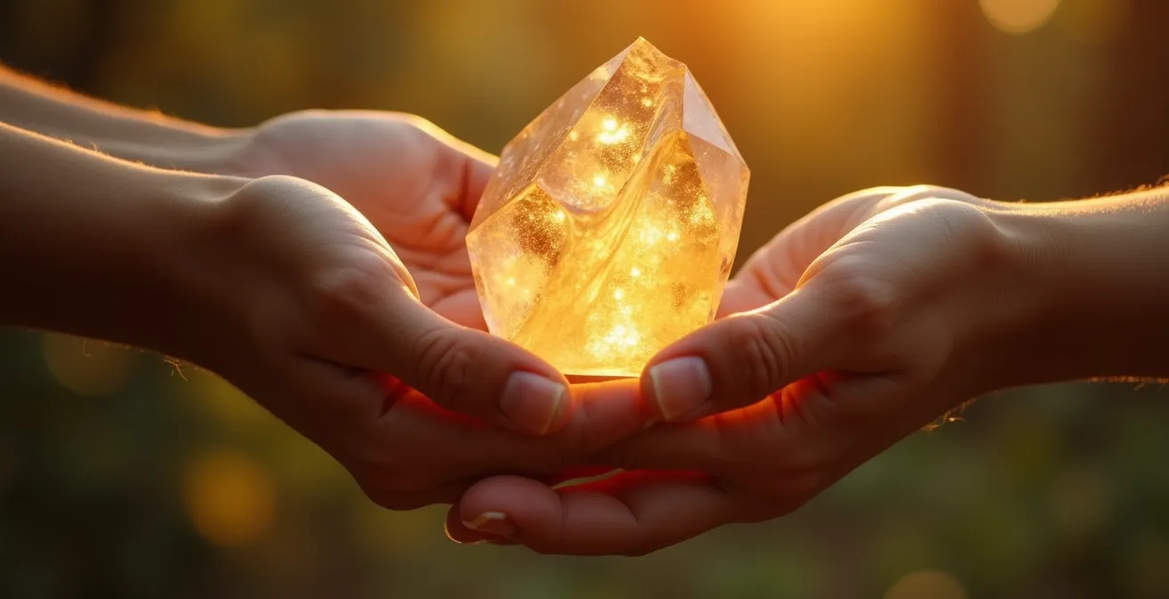 Detalle macro de manos intercambiando un objeto brillante abstracto simbolizando valor compartido