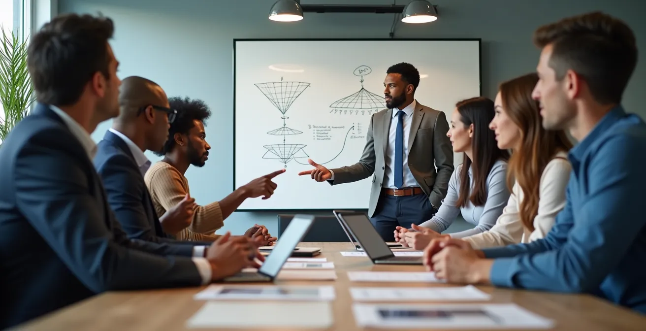 Equipos de marketing y ventas colaborando en sala de reuniones moderna con pizarra de estrategias