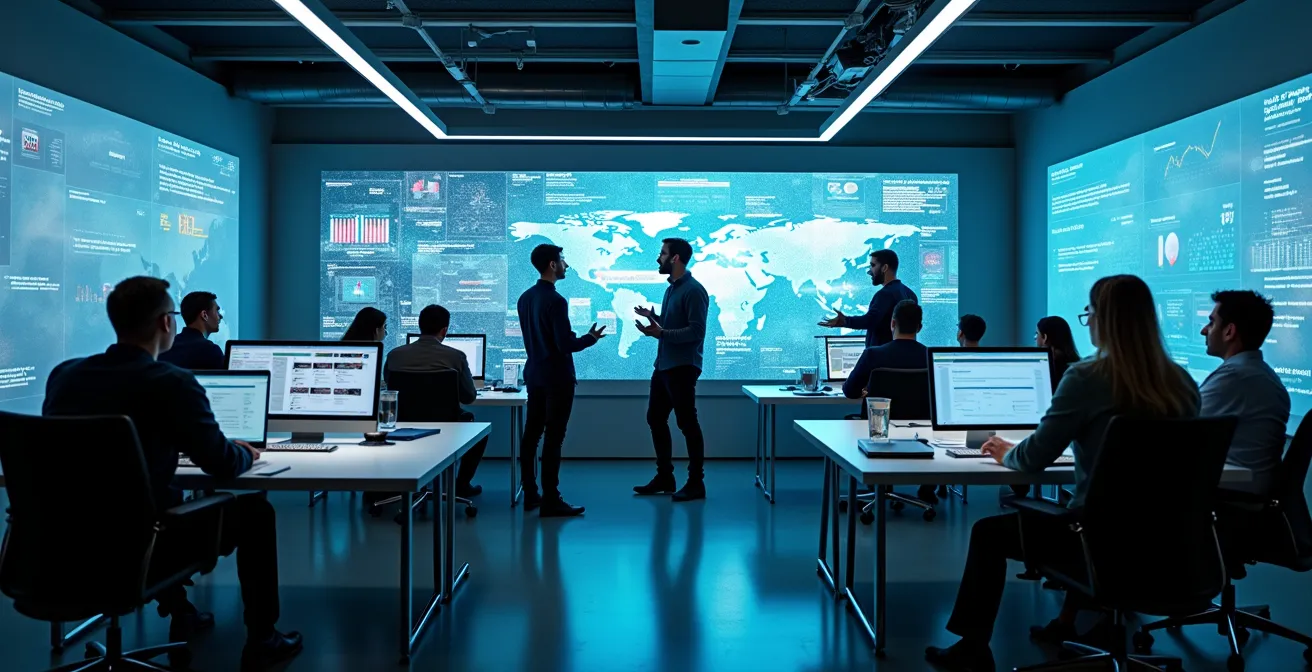 Equipo multidisciplinario durante simulacro de crisis en sala de operaciones moderna