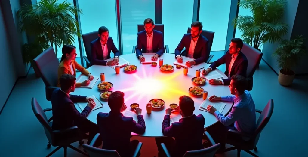 Equipo diverso de marketing compartiendo conocimientos en sesión informal de almuerzo Equipo diverso de marketing compartiendo conocimientos en sesión informal de almuerzo
